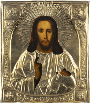 Auktion 138<br>IKONE MIT CHRISTUS DEM WELTENHERRSCHER MIT OKLAD
