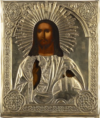 Auktion 138<br>IKONE MIT CHRISTUS DEM WELTENHERRSCHER MIT OKLAD
