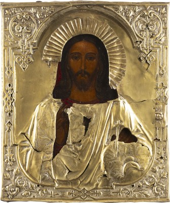 Auction 138<br>IKONE MIT CHRISTUS DEM WELTENHERRSCHER MIT OKLAD
