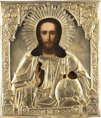Auction 138<br>IKONE MIT CHRISTUS DEM WELTENHERRSCHER MIT OKLAD