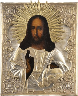Auktion 138<br>IKONE MIT CHRISTUS DEM WELTENHERRSCHER MIT OKLAD