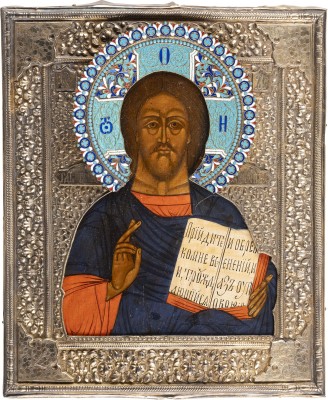 Bild IKONE MIT CHRISTUS PANTOKRATOR MIT CLOISONNÉ-EMAIL-RIZA