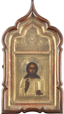 Auktion 138<br>IKONE MIT CHRISTUS PANTOKRATOR MIT OKLAD IM KIOT