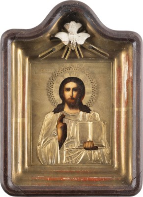 Auction 138<br>IKONE MIT CHRISTUS PANTOKRATOR MIT OKLAD IM KIOT
