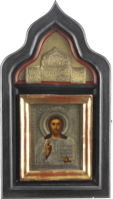 Auction 138<br>IKONE MIT CHRISTUS PANTOKRATOR MIT OKLAD IM KIOT
