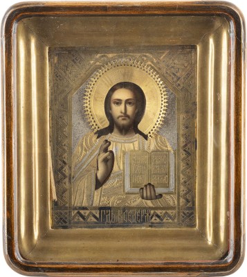 Auction 138<br>KLEINE IKONE MIT CHRISTUS PANTOKRATOR MIT OKLAD IM KIOT