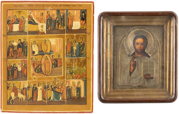Auktion 138<br>ZWEI IKONEN: CHRISTUS PANTOKRATOR MIT OKLAD UND FESTTAGSIKONE