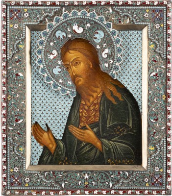 Auktion 138<br>PAAR IKONEN MIT CHRISTUS PANTOKRATOR UND JOHANNES DEM VORLÄUFER AUS EINER DEESIS MIT CLOISONNÉ-EMAIL-OKLAD