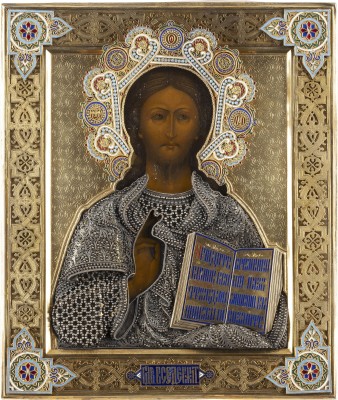 Auktion 138<br>SEHR FEINE IKONE MIT CHRISTUS PANTORKATOR MIT MASSIVEM CLOISONNÉ-EMAIL-OKLAD