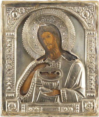 Auction 138<br>IKONE MIT JOHANNES DEM VORLÄUFER MIT OKLAD AUS EINER DEESIS