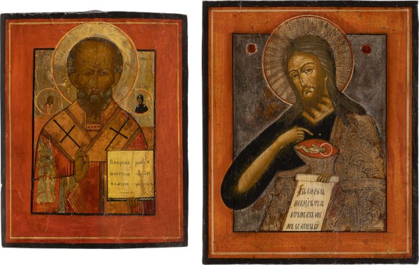 Auction 138<br>ZWEI IKONEN: HEILIGER NIKOLAUS VON MYRA UND JOHANNES DER VORLÄUFER AUS EINER DEESIS