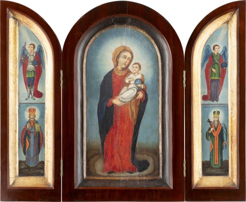 Auction 138<br>GROSSES TRIPTYCHON MIT DER GOTTESMUTTER UND AUSGEWÄHLTEN HEILIGEN