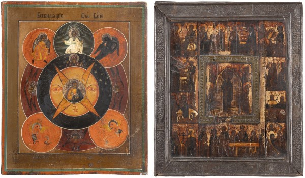 Auction 138<br>ZWEI IKONEN: 'DAS ALLES SEHENDE AUGE GOTTES' UND FESTTAGSIKONE MIT BASMA