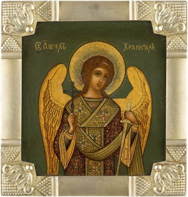 Auktion 138<br>MINIATUR-IKONE MIT DEM SCHUTZENGEL MIT VERMEIL-BASMA