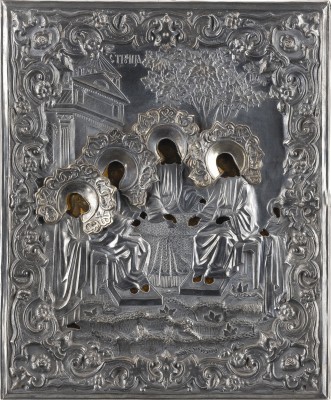 Auktion 138<br>IKONE MIT DER HEILIGEN DREIFALTIGKEIT DES ALTEN TESTAMENTS MIT SILBER-OKLAD