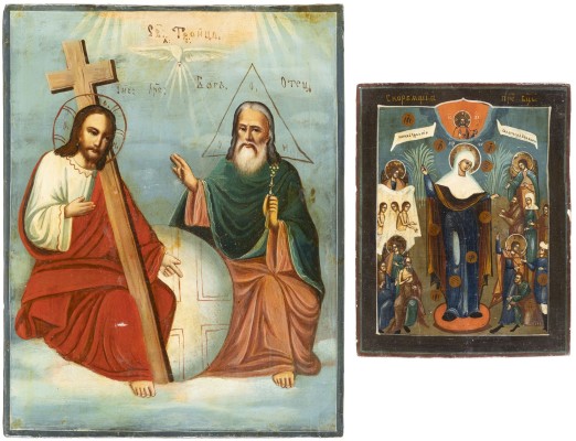 Auction 138<br>ZWEI IKONEN: GOTTESMUTTER 'FREUDE ALLER LEIDENDEN' MIT DEN MÜNZEN UND NEUTESTAMENTLICHE DREIFALTIGKEIT