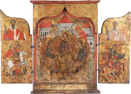 Auction 138<br>FEINES TRIPTYCHON MIT DER ALTTESTAMENTLICHEN DREIFALTIGKEIT UND AUSGEWÄHLTEN HEILIGEN