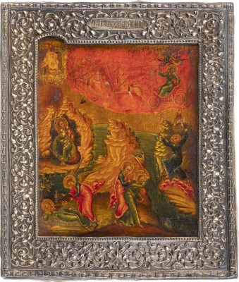 Auktion 138<br>FEINE IKONE MIT DEM PROPHETEN ELIAS UND SEINEM LEBEN IN DER WÜSTE MIT VERMEIL-BASMA
