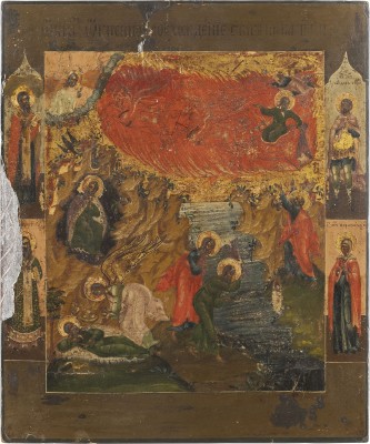 Auktion 138<br>IKONE MIT DEM PROPHETEN ELIAS, SEINEM LEBEN IN DER WÜSTE UND SEINER FEURIGEN HIMMELFAHRT