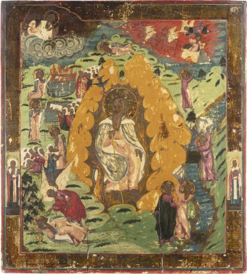 Auktion 138<br>GROSSFORMATIGE IKONE MIT DEM PROPHETEN ELIAS UND SEINER FEURIGEN HIMMELFAHRT