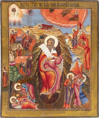 Auction 138<br>GROSSE IKONE MIT DEM PROPHETEN ELIAS, SEINEM LEBEN IN DER WÜSTE UND SEINER FEURIGEN HIMMELFAHRT