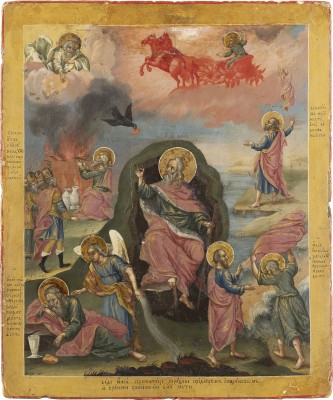Auction 138<br>FEINE IKONE MIT DEM PROPHETEN ELIAS, SEINEM LEBEN IN DER WÜSTE UND SEINER FEURIGEN HIMMELFAHRT