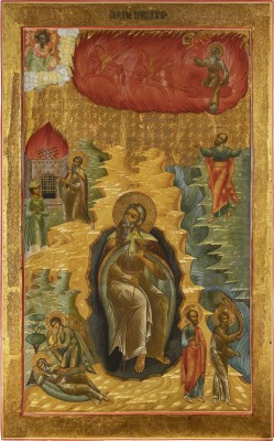 Auction 138<br>MONUMENTALE IKONE MIT DEM PROPHETEN ELIAS, SEINEM LEBEN IN DER WÜSTE UND SEINER FEURIGEN HIMMELFAHRT AUS EINER KIRCHEN-IKONOSTASE