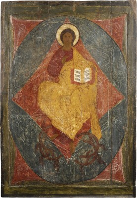 Auction 138<br>MONUMENTALE IKONE MIT DEM THRONENDEN CHRISTUS INMITTEN DER ENGELSMÄCHTE AUS EINER KIRCHEN-IKONOSTASE