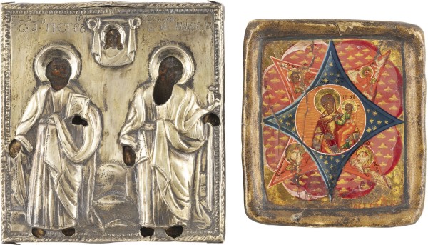 Auktion 138<br>ZWEI MINIATUR-IKONEN: GOTTESMUTTER 'UNVERBRENNBARER DORNBUSCH' UND DIE APOSTEL PETRUS UND PAULUS MIT SILBER-OKLAD
