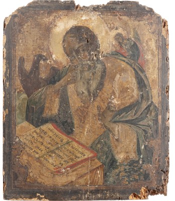 Auction 138<br>SIGNIERTE IKONE MIT DEM HEILIGEN JOHANNES, THEOLOGE IM SCHWEIGEN