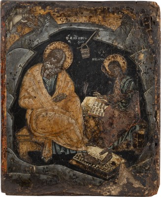 Bild FEINE IKONE MIT DEM EVANGELISTEN JOHANNES UND SEINEM SCHÜLER PROCHOROS AUF DER INSEL PATMOS