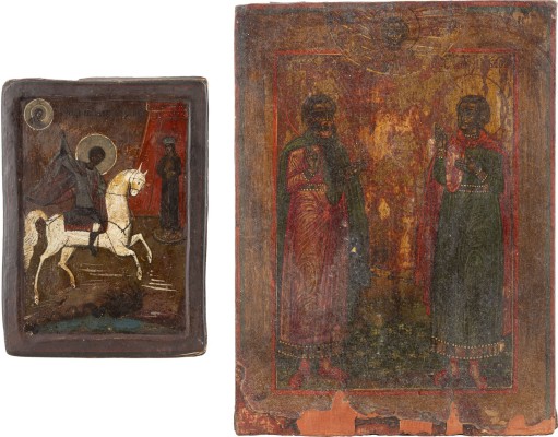 Auction 138<br>ZWEI IKONEN: HEILIGER GEORG DER DRACHENTÖTER UND DIE HEILIGEN FLORUS UND LAURUS