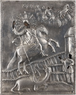 Auction 138<br>SELTENE IKONE MIT DEM HEILIGEN GEORG DEM DRACHENTÖTER UND DEM PROPHETEN ELIAS MIT SILBER-OKLAD
