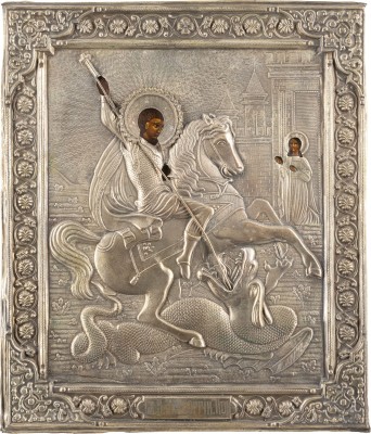 Auction 138<br>IKONE MIT DEM HEILIGEN GEORG DEM DRACHENTÖTER MIT OKLAD