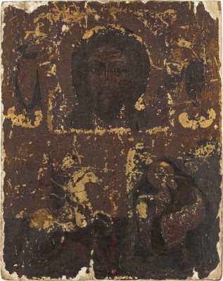 Auction 138<br>GROSSFORMATIGE DREIFELDER-IKONE MIT DEM MANDYLION, DEM HEILIGEN GEORG DEM DRACHENTÖTER UND EVANGELISTEN JOHANNES AUF DER INSEL PATMOS