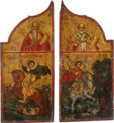 Auction 138<br>PAAR FLÜGEL EINES TRIPTYCHONS MIT DEN HEILIGEN GEORG UND DEMETRIUS, CHARALAMPIOS UND NIKOLAUS VON MYRA
