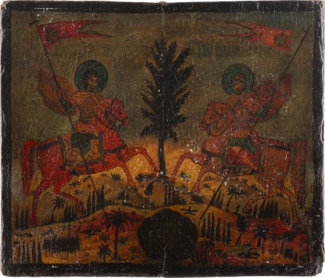 Auction 138<br>GROSSFORMATIGE DATIERTE IKONE MIT DEN HEILIGEN GEORG UND DEMETRIUS