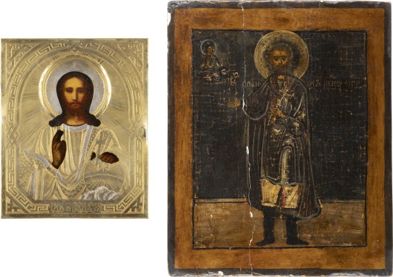 Auction 138<br>ZWEI IKONEN: CHRISTUS PANTOKRATOR MIT OKLAD IM KIOT UND JOHANNES DER KRIEGER
