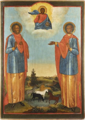 Auction 138<br>MONUMENTALE IKONE MIT DEN HEILIGEN FLORUS UND LAURUS AUS EINER KIRCHEN-IKONOSTASE