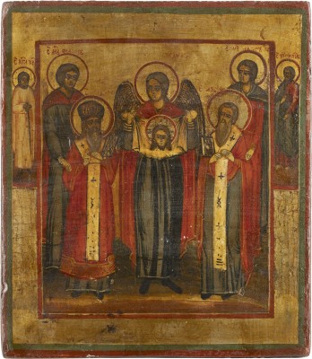 Auktion 138<br>KLEINE IKONE MIT DEN PATRONEN DER TIERE - DIE HEILIGEN BLASIUS, MODESTUS, FLORUS UND LAURUS