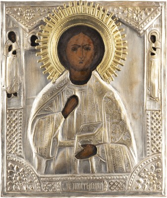 Auktion 138<br>IKONE MIT DEM HEILIGEN PANTELEIMON MIT OKLAD