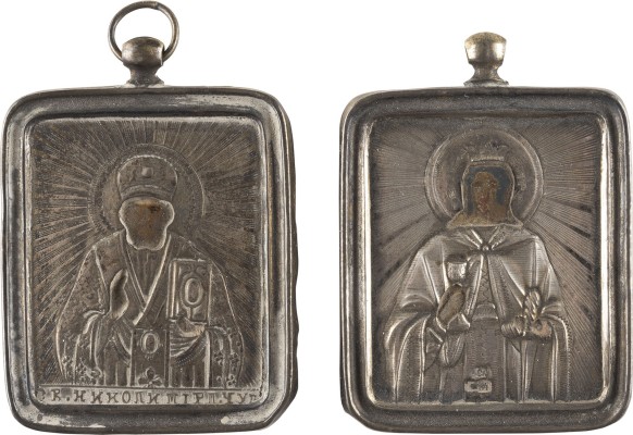 Picture ZWEI IKONEN-ANHÄNGER MIT SILBER-OKLAD MIT DEN HEILIGEN BARBARA UND NIKOLAUS VON MYRA
