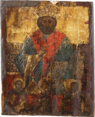 Auktion 138<br>IKONE MIT DEM HEILIGEN NIKOLAUS VON MYRA UND DREI AUSGEWÄHLTEN HEILIGEN