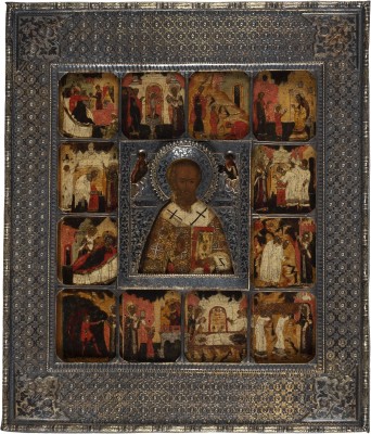 Auktion 138<br>FEINE VITA-IKONE DES HEILIGEN NIKOLAUS VON MYRA MIT VERMEIL-BASMA