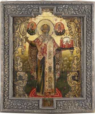 Auktion 138<br>SEHR FEINE IKONE MIT DEM HEILIGEN NIKOLAUS VON MOSCHAISK MIT VERMEIL-BASMA