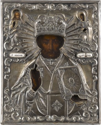 Auction 138<br>KLEINE IKONE MIT DEM HEILIGEN NIKOLAUS VON MYRA MIT SILBER-OKLAD