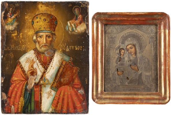 Auction 138<br>ZWEI IKONEN: DREIHÄNDIGE GOTTESMUTTER MIT OKLAD UND HEILIGER NIKOLAUS VON MYRA