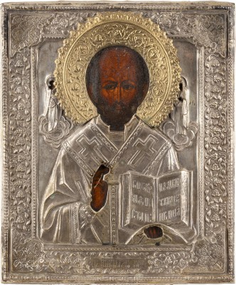 Auction 138<br>IKONE MIT DEM HEILIGEN NIKOLAUS VON MYRA MIT OKLAD
