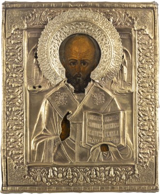 Auction 138<br>IKONE MIT DEM HEILIGEN NIKOLAUS VON MYRA MIT OKLAD