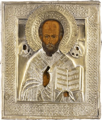Auction 138<br>IKONE MIT DEM HEILIGEN NIKOLAUS VON MYRA MIT OKLAD